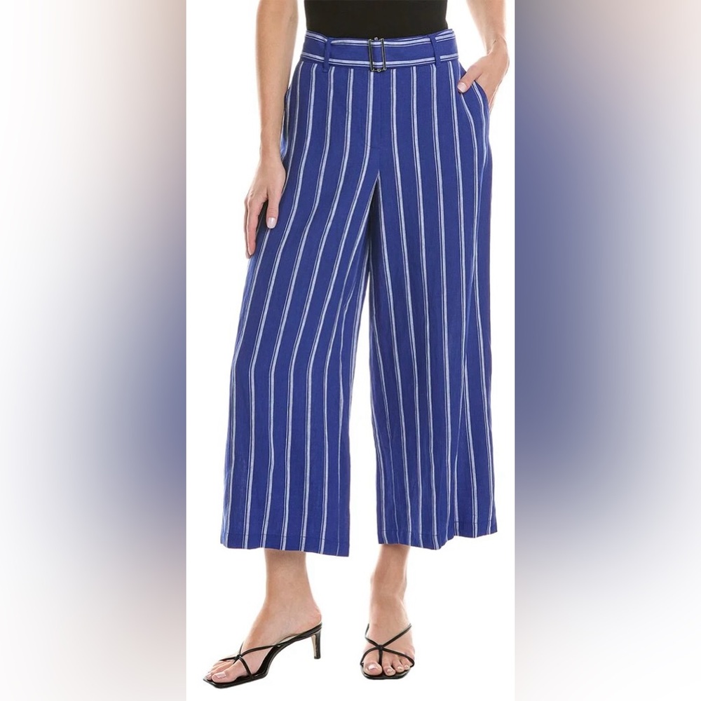 Lafayette 148 Blue Stripe Linen Wide-Leg Belted Pants Cropped Size 10
